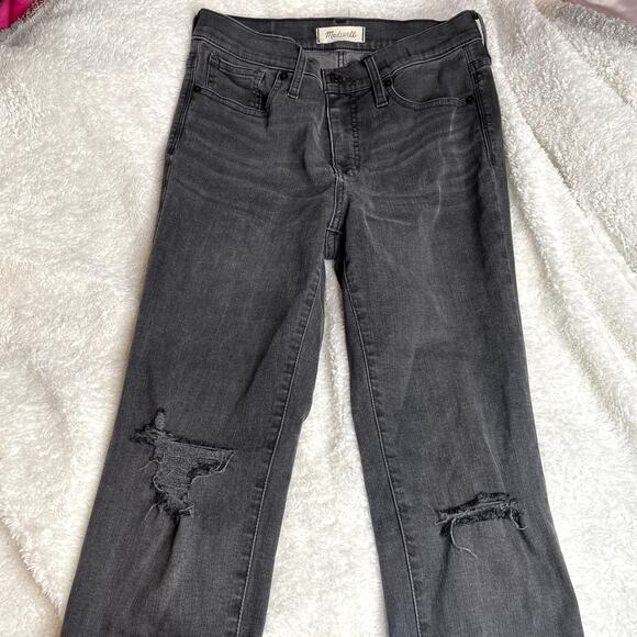 MADEWELL 9" Mid-Rise Skinny Raw Hem Distressed Ripped Knee Black Grey Jean 28 - Picture 4 of 8